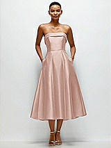 Front View Thumbnail - Toasted Sugar Cuffed Strapless Satin Twill Midi Dress with Full Skirt and Pockets