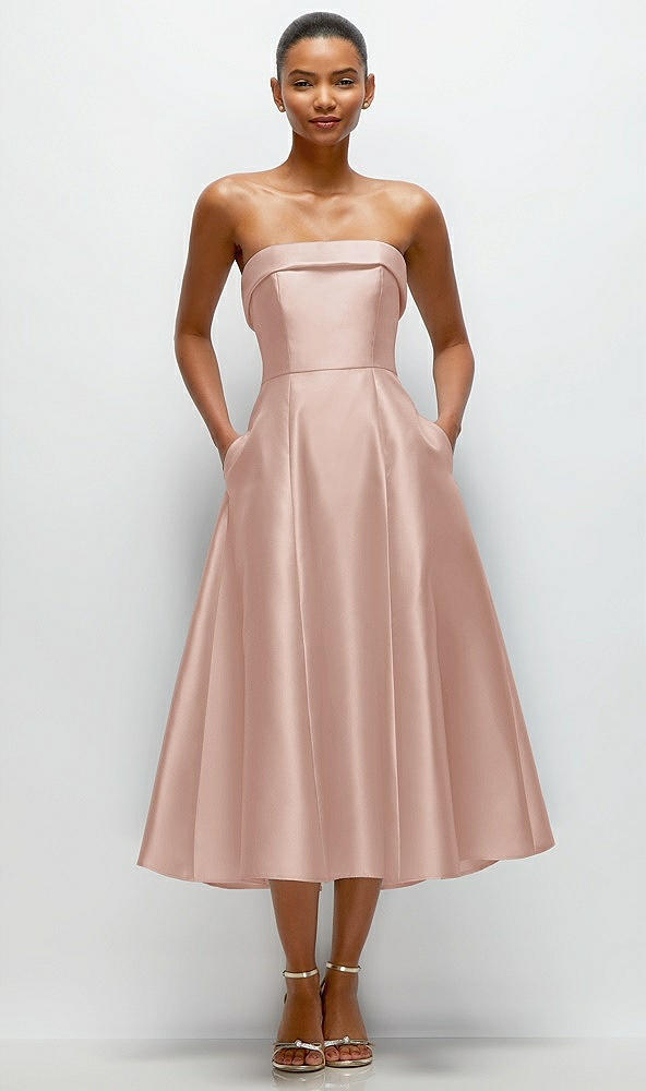 Front View - Toasted Sugar Cuffed Strapless Satin Twill Midi Dress with Full Skirt and Pockets