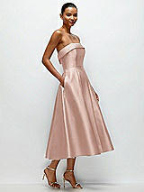 Rear View Thumbnail - Toasted Sugar Cuffed Strapless Satin Twill Midi Dress with Full Skirt and Pockets