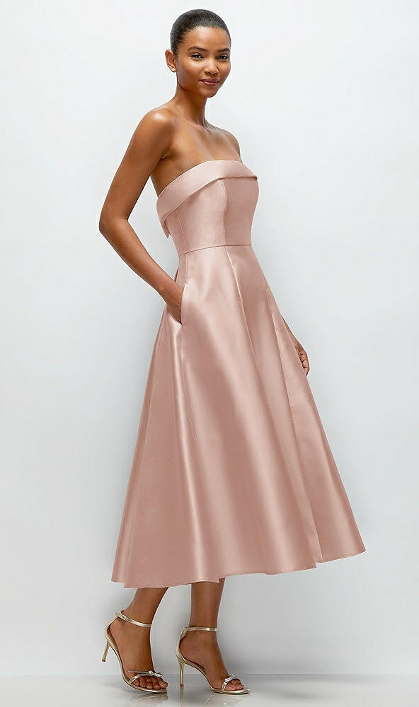 Back View - Toasted Sugar Cuffed Strapless Satin Twill Midi Dress with Full Skirt and Pockets