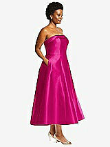 Alt View 3 Thumbnail - Think Pink Cuffed Strapless Satin Twill Midi Dress with Full Skirt and Pockets