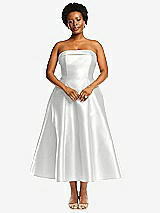 Alt View 4 Thumbnail - White Cuffed Strapless Satin Twill Midi Dress with Full Skirt and Pockets