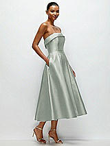 Rear View Thumbnail - Willow Green Cuffed Strapless Satin Twill Midi Dress with Full Skirt and Pockets