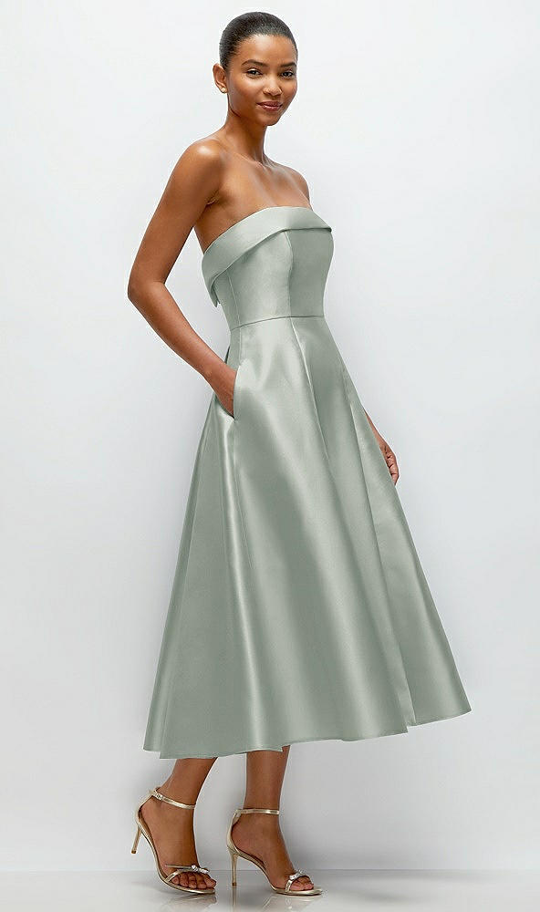 Back View - Willow Green Cuffed Strapless Satin Twill Midi Dress with Full Skirt and Pockets