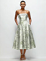 Alt View 2 Thumbnail - Sage Cottage Rose Cuffed Strapless Floral Satin Twill Midi Dress with Full Skirt and Pockets