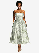 Front View Thumbnail - Sage Cottage Rose Cuffed Strapless Floral Satin Twill Midi Dress with Full Skirt and Pockets