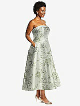 Side View Thumbnail - Sage Cottage Rose Cuffed Strapless Floral Satin Twill Midi Dress with Full Skirt and Pockets