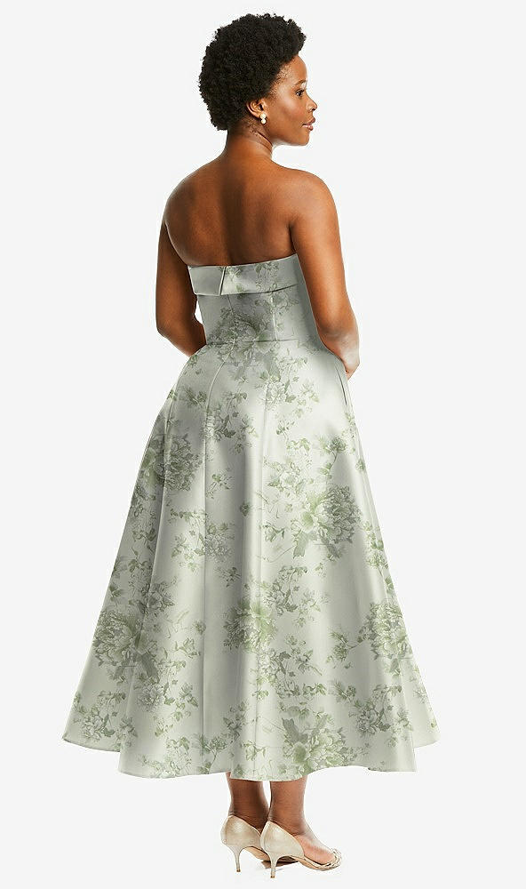 Back View - Sage Cottage Rose Cuffed Strapless Floral Satin Twill Midi Dress with Full Skirt and Pockets