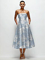 Alt View 2 Thumbnail - Porcelain Blue Seraphina Floral Cuffed Strapless Floral Satin Twill Midi Dress with Full Skirt and Pockets