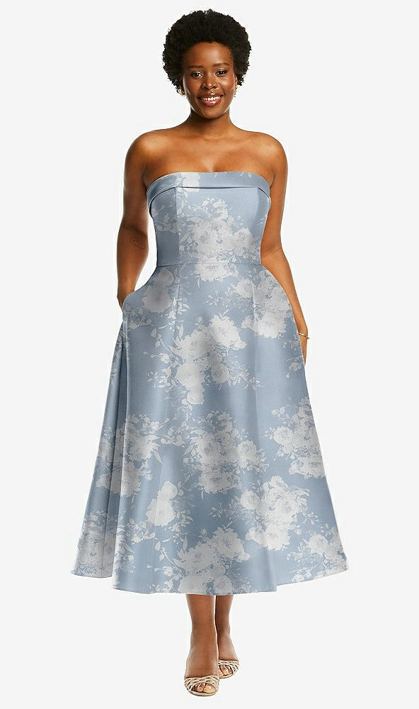 Front View - Porcelain Blue Seraphina Floral Cuffed Strapless Floral Satin Twill Midi Dress with Full Skirt and Pockets