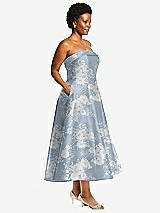 Side View Thumbnail - Porcelain Blue Seraphina Floral Cuffed Strapless Floral Satin Twill Midi Dress with Full Skirt and Pockets