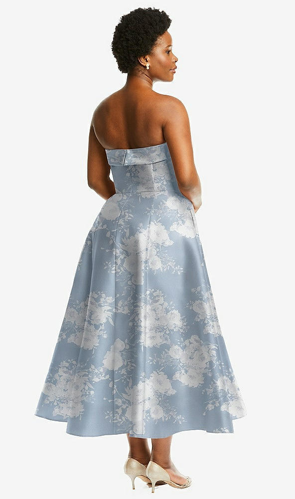 Back View - Porcelain Blue Seraphina Floral Cuffed Strapless Floral Satin Twill Midi Dress with Full Skirt and Pockets