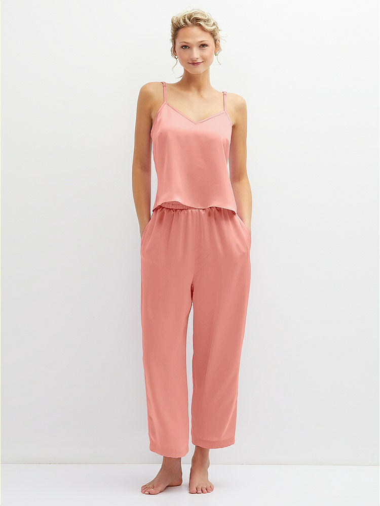 Front View - Rose - PANTONE Rose Quartz Whisper Satin Wide-Leg Lounge Pants with Pockets