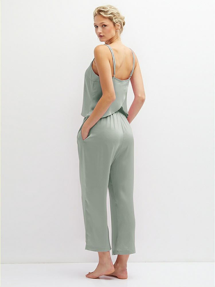 Back View - Willow Green Whisper Satin Wide-Leg Lounge Pants with Pockets