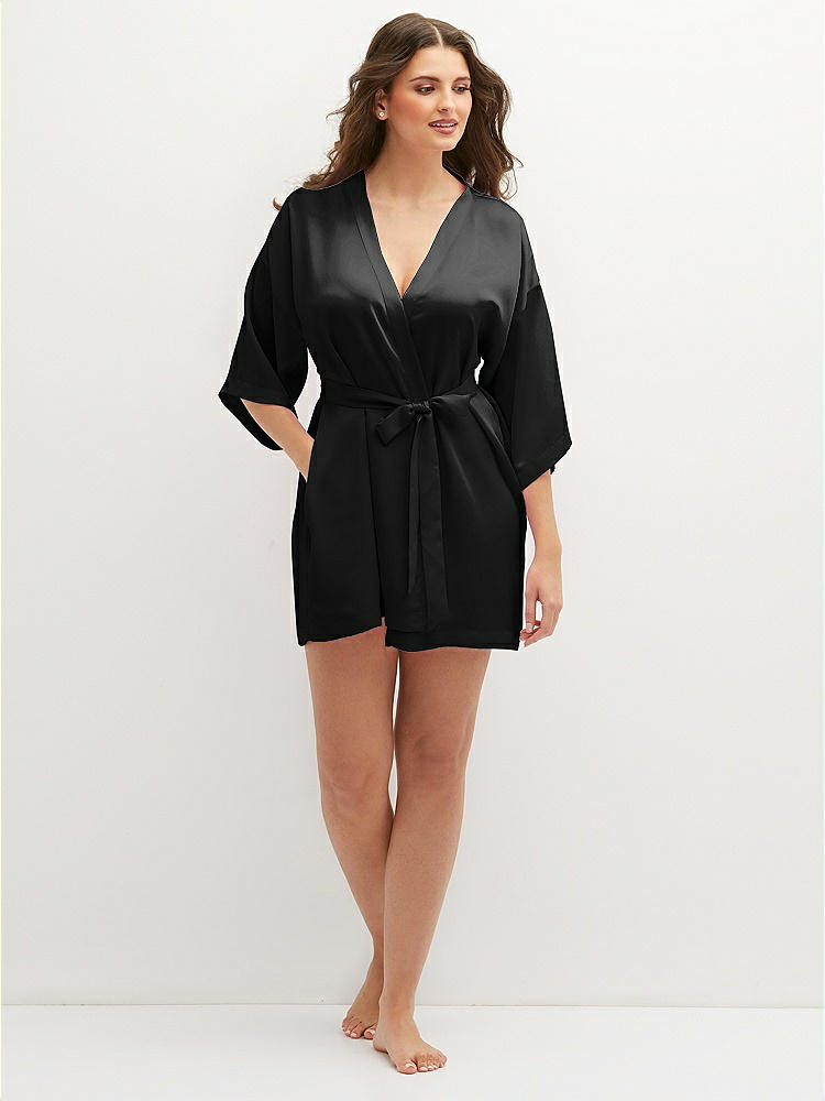 Front View - Black Short Whisper Satin Robe