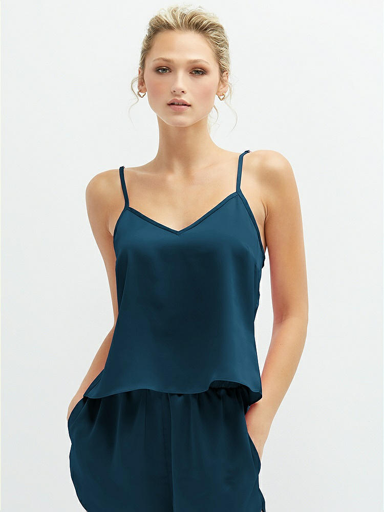 Front View - Atlantic Blue Split Back Whisper Satin Cami Top