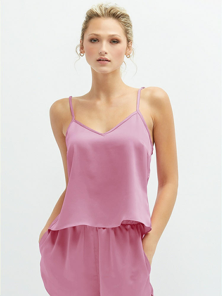 Front View - Powder Pink Split Back Whisper Satin Cami Top