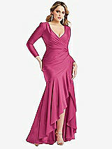 Front View Thumbnail - Tea Rose Long Sleeve Pleated Wrap Ruffled High Low Stretch Satin Gown