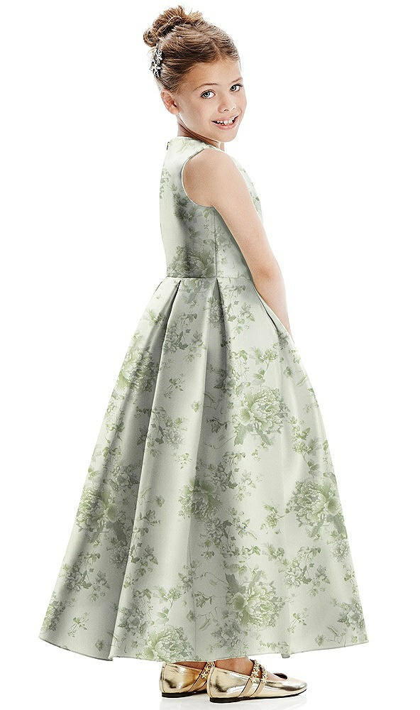 Back View - Sage Cottage Rose Floral Faux Wrap Pleated Skirt Satin Flower Girl Dress with Bow