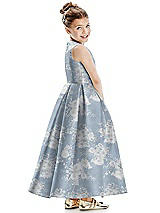 Rear View Thumbnail - Porcelain Blue Seraphina Floral Floral Faux Wrap Pleated Skirt Satin Flower Girl Dress with Bow