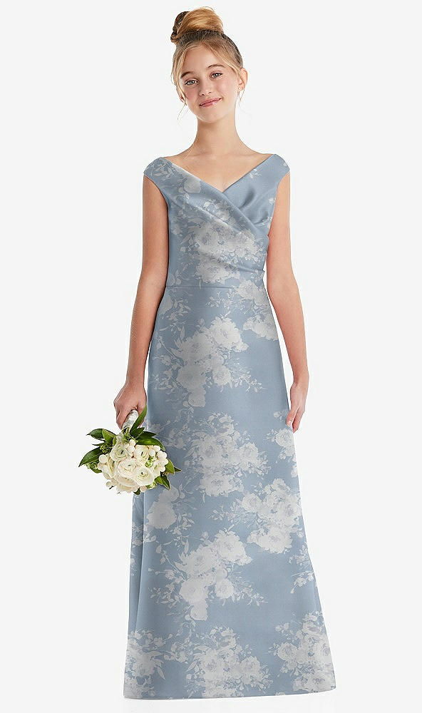 Front View - Porcelain Blue Seraphina Floral Floral Off-the-Shoulder Draped Wrap Satin Junior Bridesmaid Dress