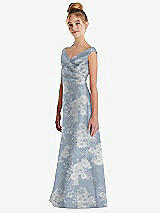 Side View Thumbnail - Porcelain Blue Seraphina Floral Floral Off-the-Shoulder Draped Wrap Satin Junior Bridesmaid Dress