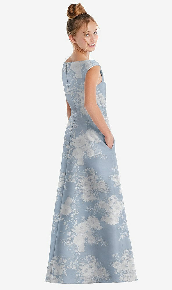 Back View - Porcelain Blue Seraphina Floral Floral Off-the-Shoulder Draped Wrap Satin Junior Bridesmaid Dress