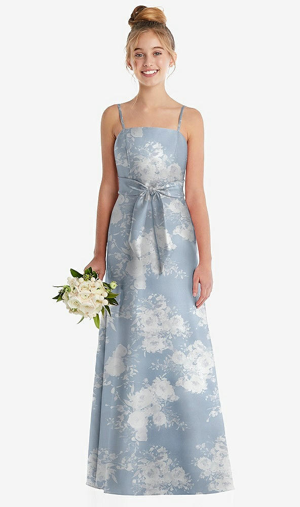 Front View - Porcelain Blue Seraphina Floral Floral A-Line Satin Junior Bridesmaid Dress with Mini Sash