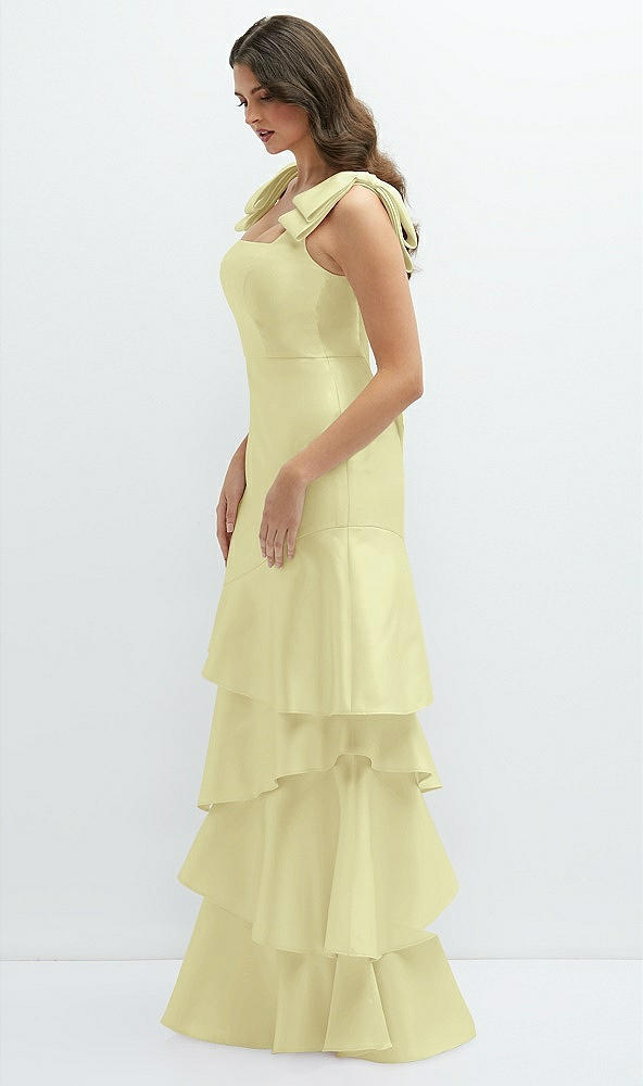 Front View - Butter Yellow Bow-Shoulder Satin Maxi Dress with Asymmetrical Tiered Skirt