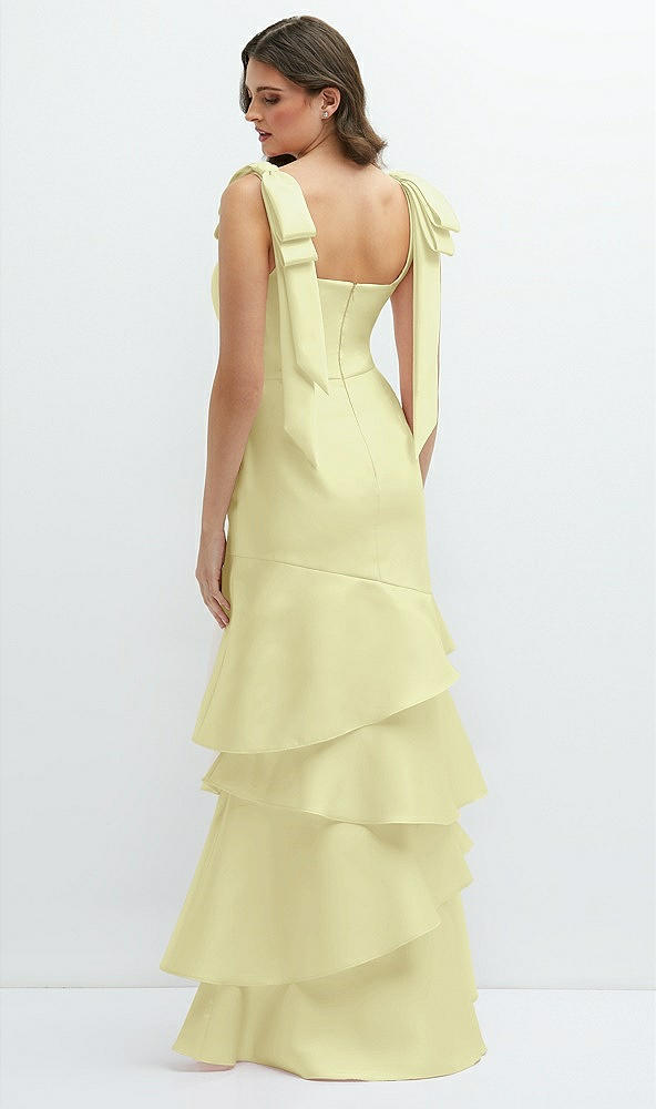 Back View - Butter Yellow Bow-Shoulder Satin Maxi Dress with Asymmetrical Tiered Skirt