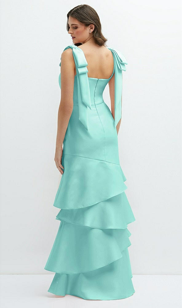 Back View - Coastal Bow-Shoulder Satin Maxi Dress with Asymmetrical Tiered Skirt