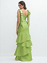 Rear View Thumbnail - Mojito Bow-Shoulder Satin Maxi Dress with Asymmetrical Tiered Skirt