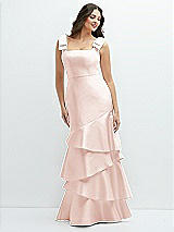 Side View Thumbnail - Blush Bow-Shoulder Satin Maxi Dress with Asymmetrical Tiered Skirt