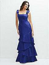 Side View Thumbnail - Cobalt Blue Bow-Shoulder Satin Maxi Dress with Asymmetrical Tiered Skirt