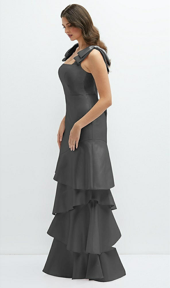 Front View - Gunmetal Bow-Shoulder Satin Maxi Dress with Asymmetrical Tiered Skirt