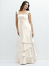 Side View Thumbnail - Ivory Bow-Shoulder Satin Maxi Dress with Asymmetrical Tiered Skirt