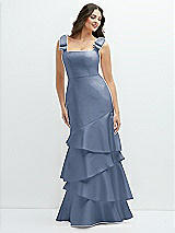 Side View Thumbnail - Larkspur Blue Bow-Shoulder Satin Maxi Dress with Asymmetrical Tiered Skirt