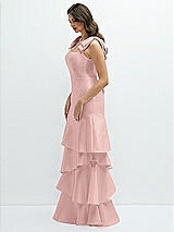 Front View Thumbnail - Rose - PANTONE Rose Quartz Bow-Shoulder Satin Maxi Dress with Asymmetrical Tiered Skirt