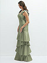 Front View Thumbnail - Sage Bow-Shoulder Satin Maxi Dress with Asymmetrical Tiered Skirt