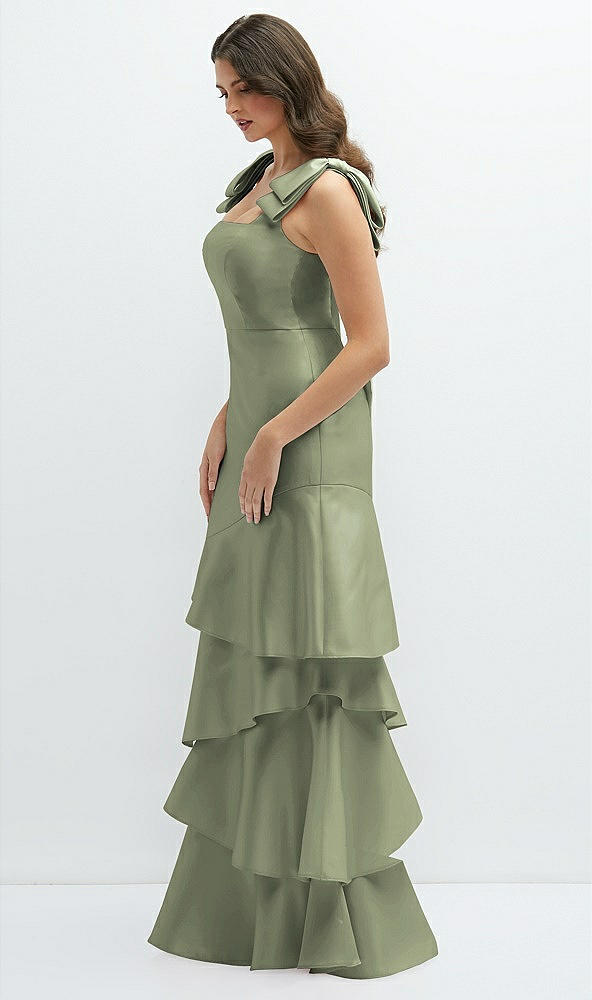 Front View - Sage Bow-Shoulder Satin Maxi Dress with Asymmetrical Tiered Skirt