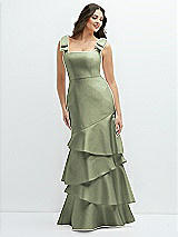 Side View Thumbnail - Sage Bow-Shoulder Satin Maxi Dress with Asymmetrical Tiered Skirt