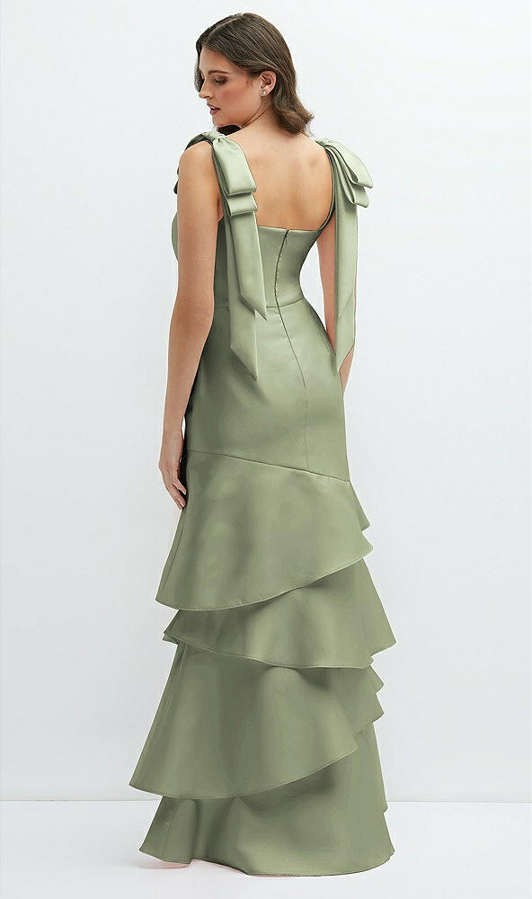 Back View - Sage Bow-Shoulder Satin Maxi Dress with Asymmetrical Tiered Skirt