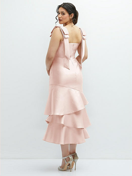 Bow-Shoulder Satin Midi Dress with Asymmetrical Tiered Skirt