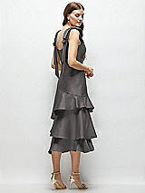 Alt View 3 Thumbnail - Caviar Gray Bow-Shoulder Satin Midi Dress with Asymmetrical Tiered Skirt