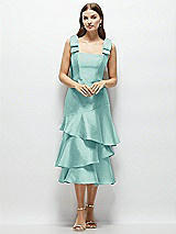 Alt View 1 Thumbnail - Coastal Bow-Shoulder Satin Midi Dress with Asymmetrical Tiered Skirt