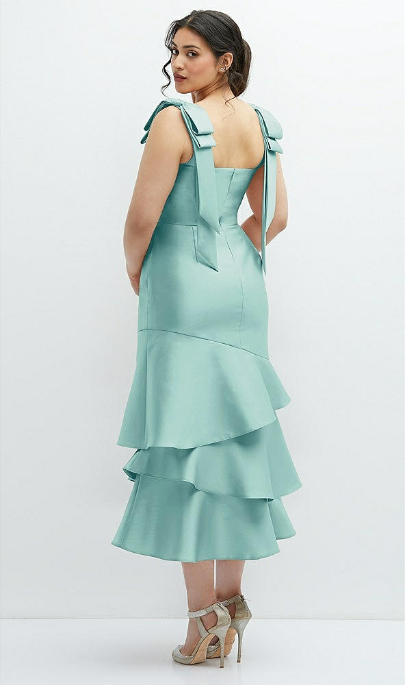 Front View - Coastal Bow-Shoulder Satin Midi Dress with Asymmetrical Tiered Skirt