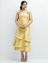 Rear View Thumbnail - Maize Bow-Shoulder Satin Midi Dress with Asymmetrical Tiered Skirt