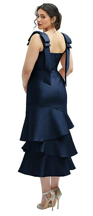 Bow-Shoulder Satin Midi Dress with Asymmetrical Tiered Skirt