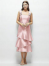 Alt View 1 Thumbnail - Ballet Pink Bow-Shoulder Satin Midi Dress with Asymmetrical Tiered Skirt