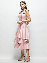 Alt View 2 Thumbnail - Ballet Pink Bow-Shoulder Satin Midi Dress with Asymmetrical Tiered Skirt